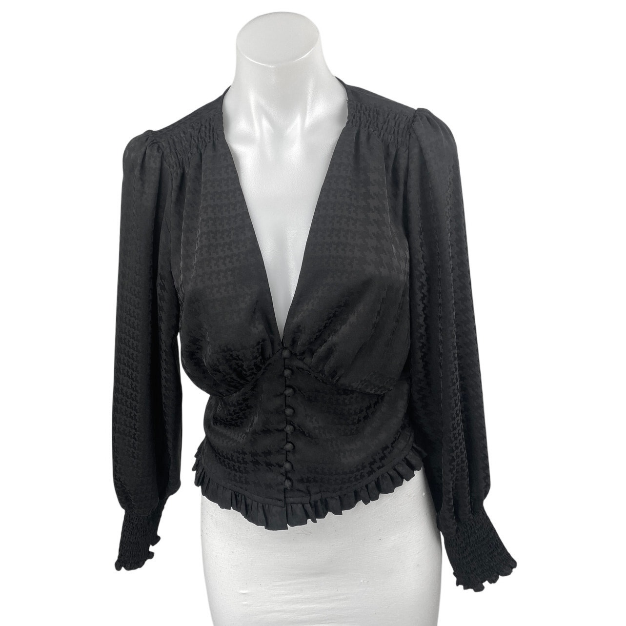 Heartloom Black Long Sleeve Deep V Neck Houndstooth Ruffle Blouse Crop Top Sz M